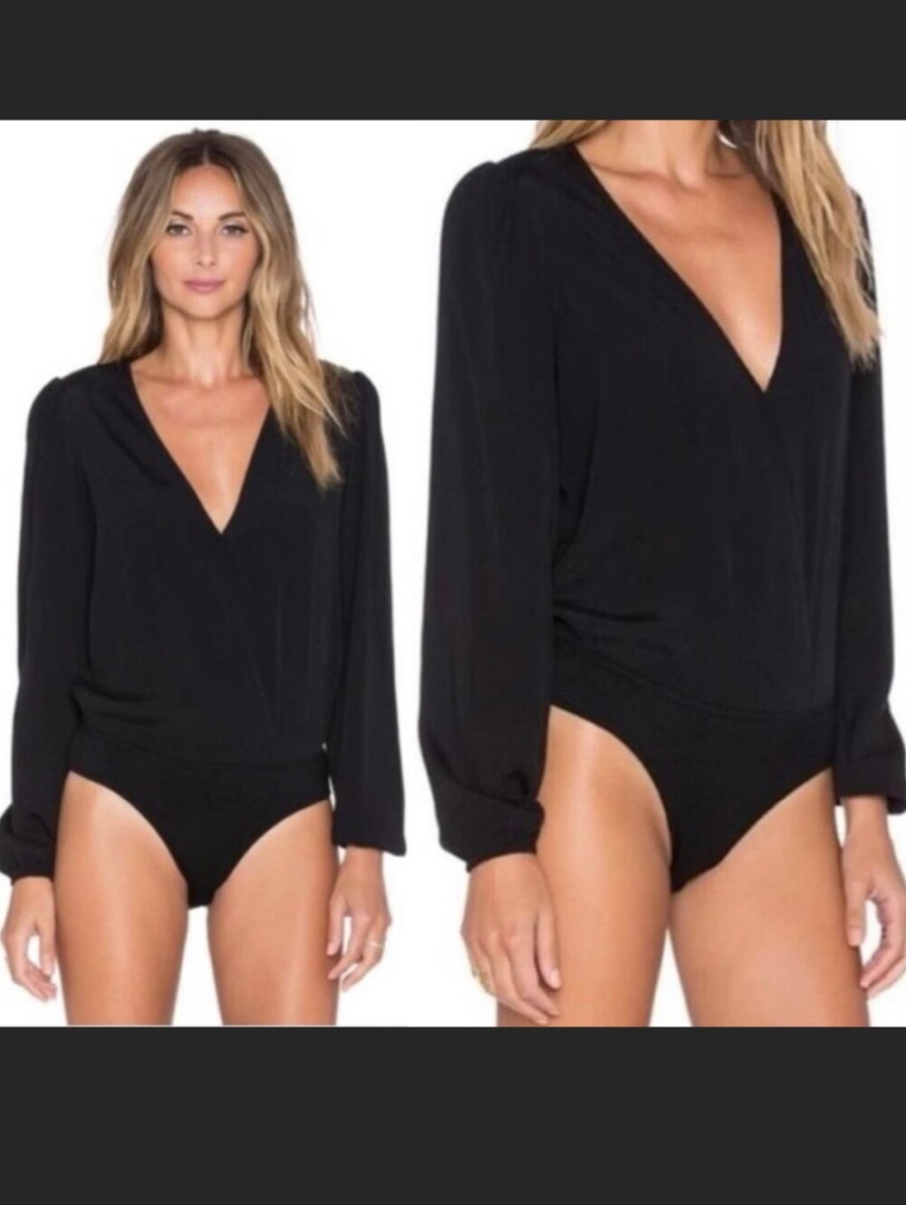 Lovers + Friends Black Long-Sleeve V-Neck Bodysuit #3935